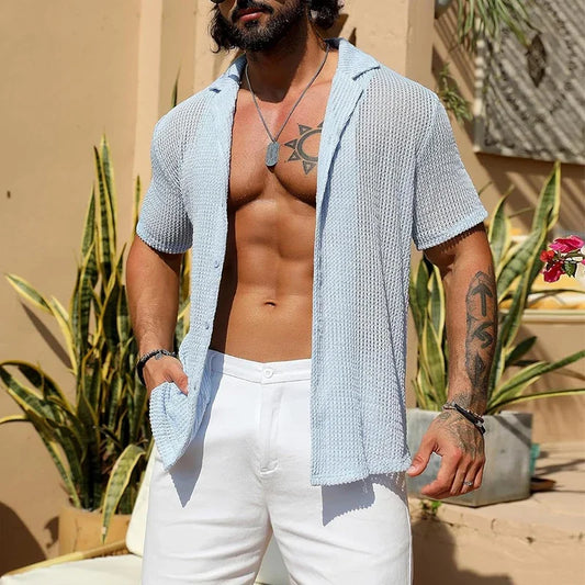 Sexy Hollow Out Breathable Knitted Shirt Men Summer Beach See Through Casual Shirts Mens Short Sleeve Button Solid Color Shirts - Ellianto fashion Men's