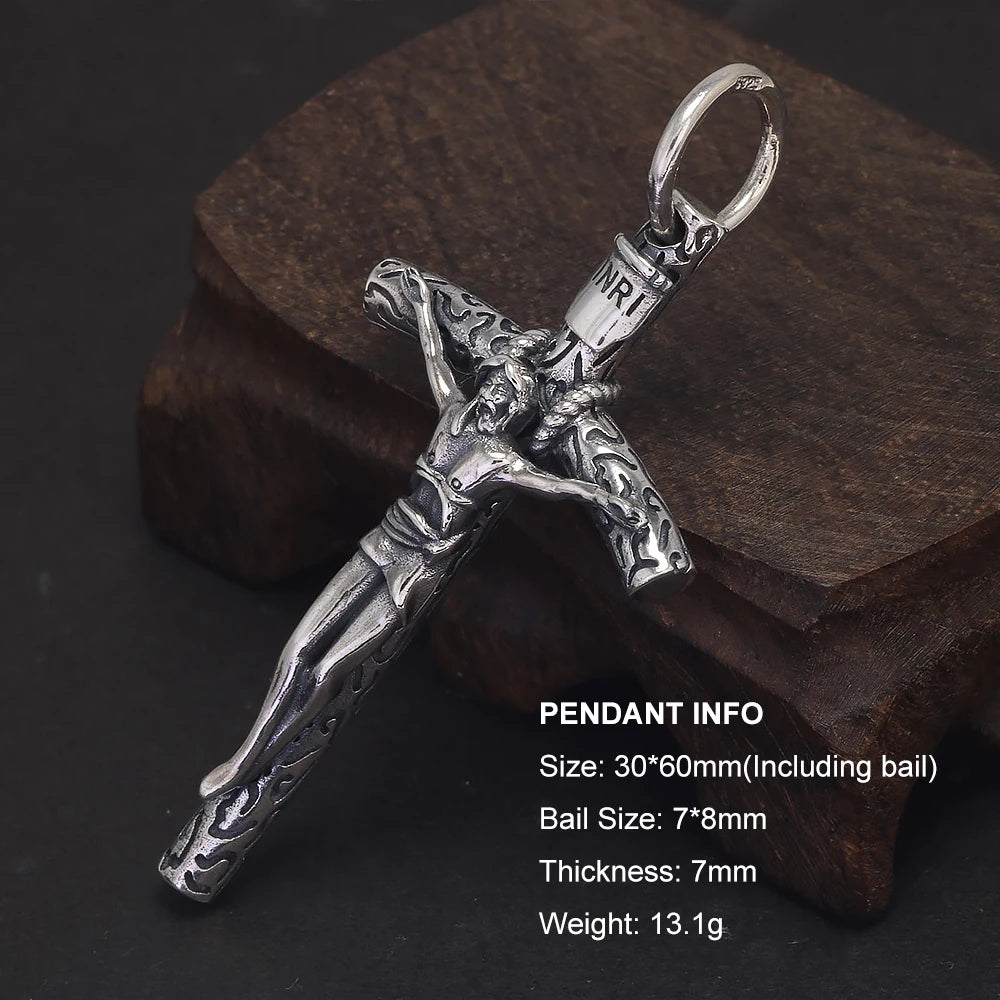 Pure 925 Sterling Silver Crucifix Cross Pendant for Men Women Vintage Catholic Christ Jesus Necklace Regilion Jewelry - Ellianto fashion Men's