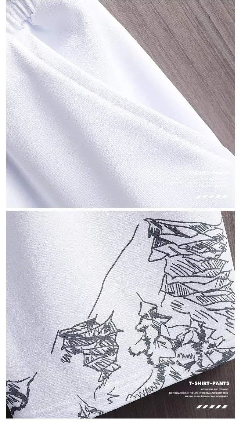 Men's Ice Silk Short Sleeve T-Shirt Suit Summer New Digital Printing Fashionable Korean Style Slims Smooths Your Silhouette Spor - Ellianto fashion Men's