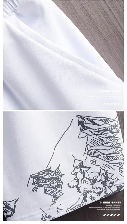 Men's Ice Silk Short Sleeve T-Shirt Suit Summer New Digital Printing Fashionable Korean Style Slims Smooths Your Silhouette Spor - Ellianto fashion Men's