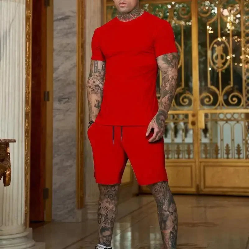 2025 summer new men's breathable sportswear short sleeved t-shirt and shorts set popular quick drying clothing - Ellianto fashion Men's