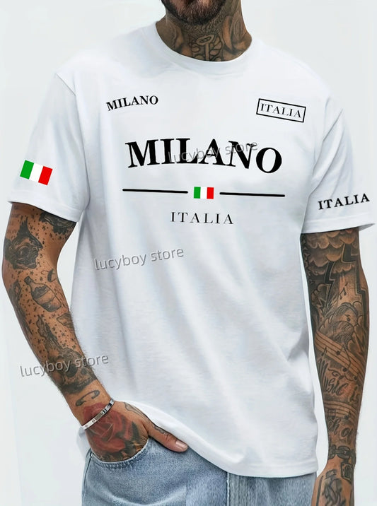 MILANO ITALIA Flag Printed Mens Short Sleeve T Shirt Man O-Neck Sportwear plus size Football Tee Vintage Casual Tops Men Clothes - Ellianto fashion Men's