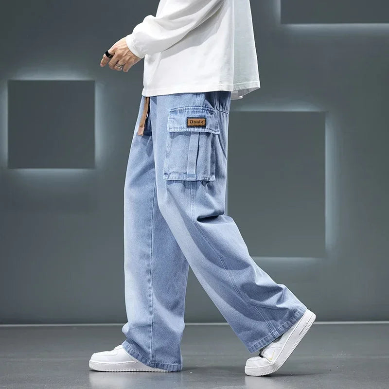 8XL Jeans New Wide Leg Washing Pants Men Trousers Neutral Solid Color Loose Casual Korean Fashion Pocket Plus Size Cargo Pant - Ellianto fashion Men's