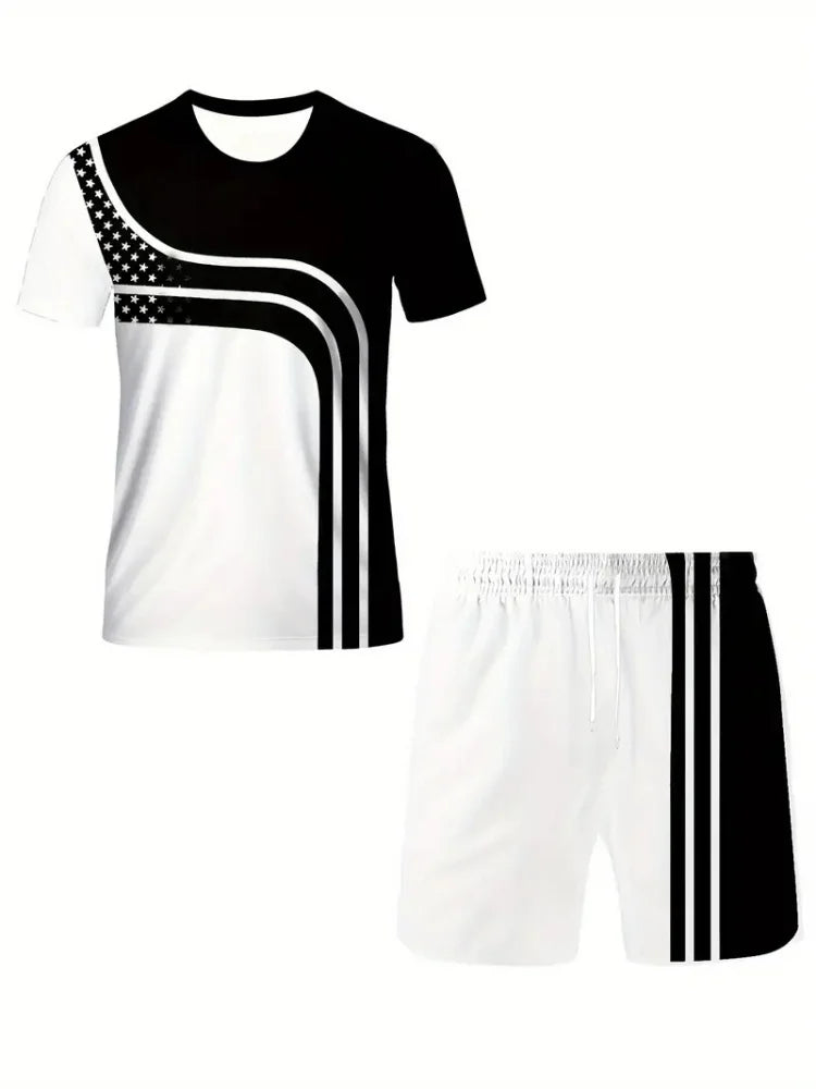 Set Hook Striped Printed Men's 2 Piece Short Sets 3D Print Short-Sleeved T-shirt and Elastic Waist Shorts Tracksuit Holiday Summer - Ellianto fashion Men's