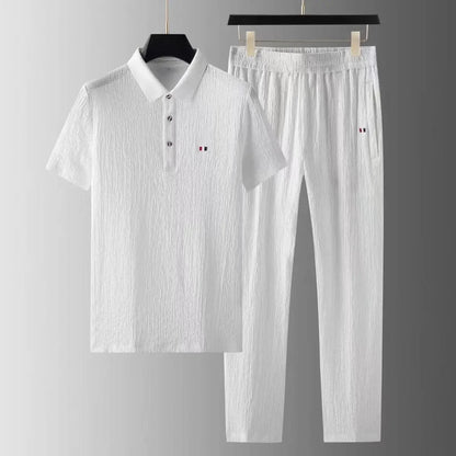 Summer Men's Casual Thin Collar Two-Piece Suit Full Set Fashionable Lightweight Breathable Comfortable Male Clothing Ensemble - Ellianto fashion Men's