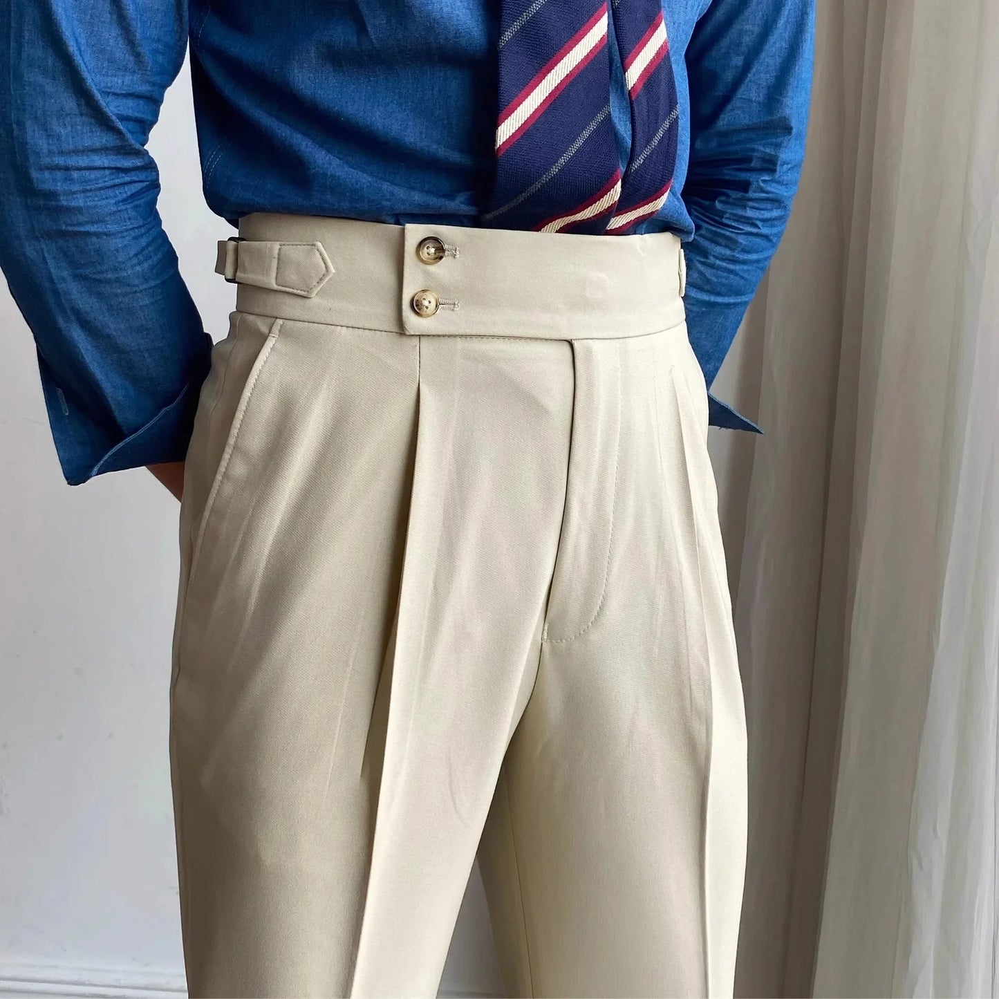 Fashionable High-End Men's Casual Pants Naples Straight Leg Non-Iron Business Paris Buckle High Waist Long Trousers - Ellianto fashion Men's