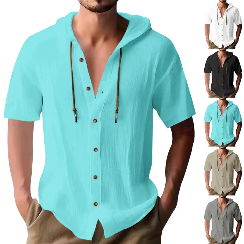 Cross-border men's solid color casual short-sleeved shirt with hooded drawstring cotton hemp cardigan with loose T-shirt - Ellianto fashion Men's
