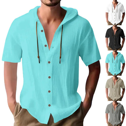 Cross-border men's solid color casual short-sleeved shirt with hooded drawstring cotton hemp cardigan with loose T-shirt - Ellianto fashion Men's