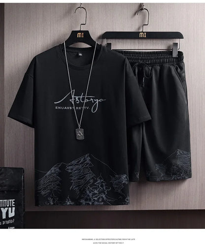 Men’s Ice Silk Gradient Set – Lightweight Short-Sleeve Tee & Casual Shorts for Summer Comfort and Sporty Style