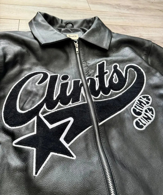 Men Retro Leather Bomber Jacket with Embroidered Star Black Zip Coat Street Style Autumn Winter Casual Outerwear Bold Urban Look
