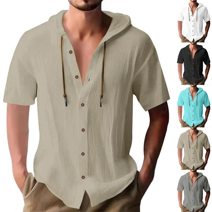 Cross-border men's solid color casual short-sleeved shirt with hooded drawstring cotton hemp cardigan with loose T-shirt - Ellianto fashion Men's