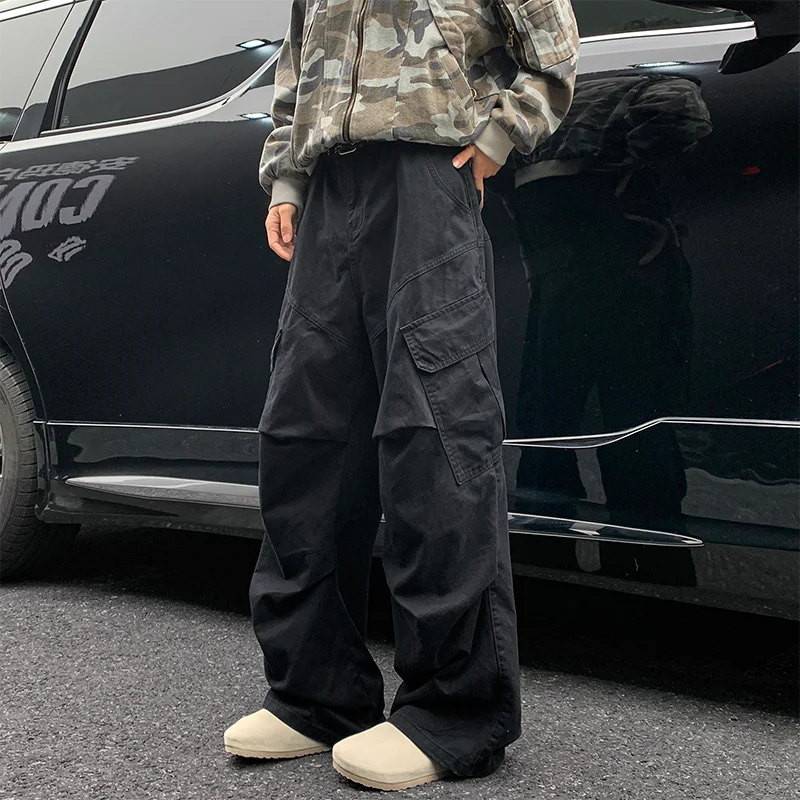 Men’s Spring Cargo Pants – Loose Straight Wide-Leg Trousers with Big Pockets for Japanese Y2K, Harajuku, and Hip-Hop Streetwear Style