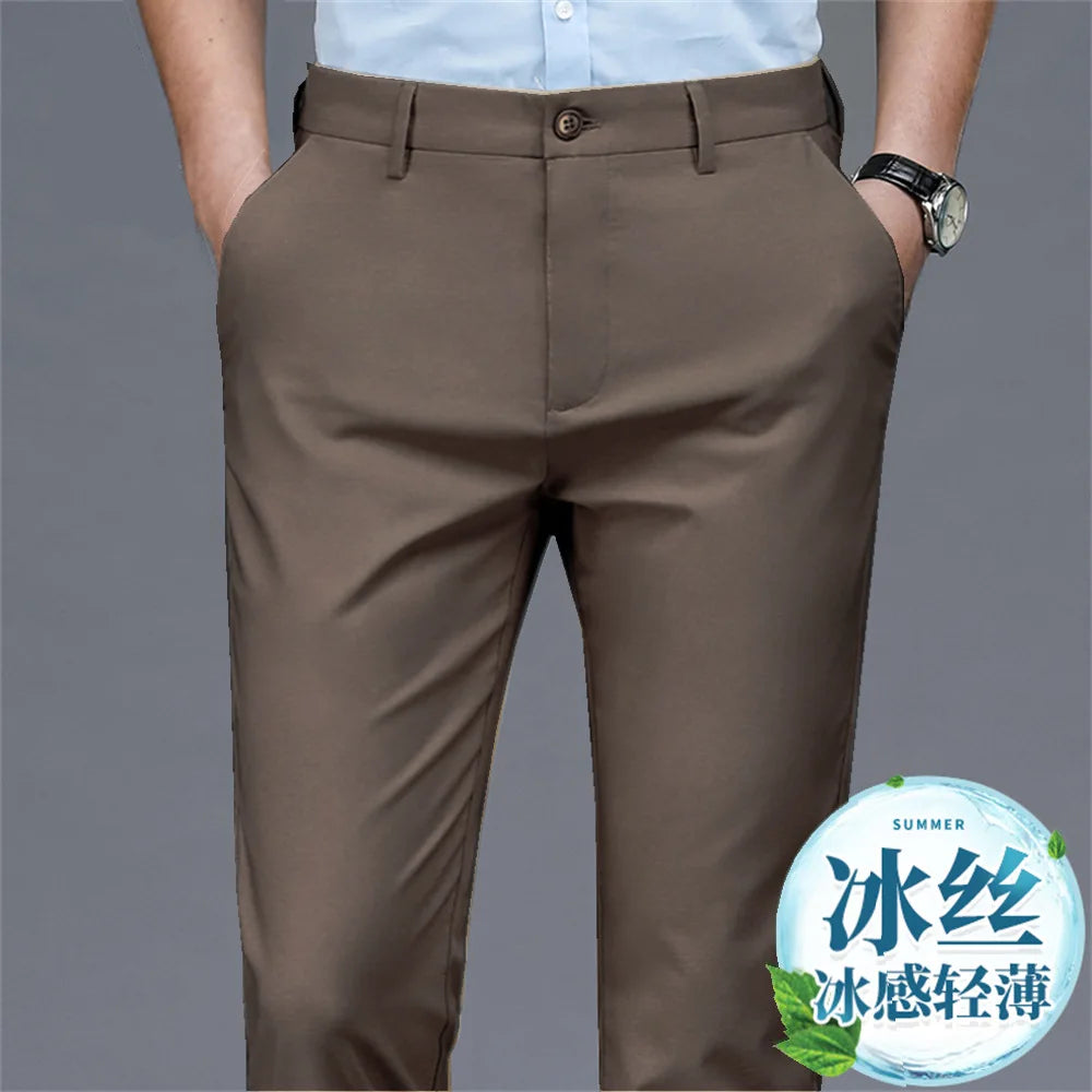 Men's casual pants business formal trousers men's summer thin straight leg loose middle-aged men's pants ice silk pants - Ellianto fashion Men's