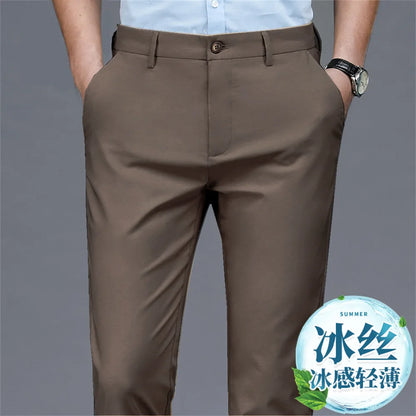 Men's casual pants business formal trousers men's summer thin straight leg loose middle-aged men's pants ice silk pants - Ellianto fashion Men's