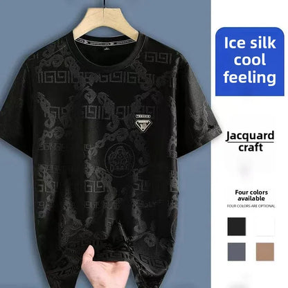 Summer Casual High Density Embroidery Ice Silk Short Sleeve T-Shirt Men's Thin Stylish Lightweight Breathable round Neck Top