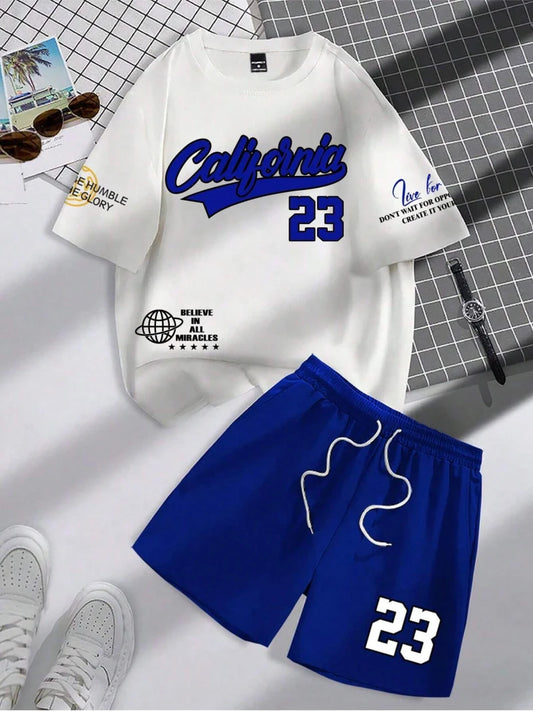 Set Summer Trend Men's Round Neck Short Sleeve Set Fashion Personalized Alphanumeric Print Round Neck T-shirt and Shorts Two Piece - Ellianto fashion Men's
