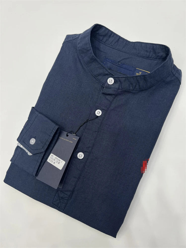 Spring Autumn Men's Linen Cotton Color Simple Embroidery Label Slim Long Sve irt Busin Casual Stand Collar irt - Ellianto fashion Men's