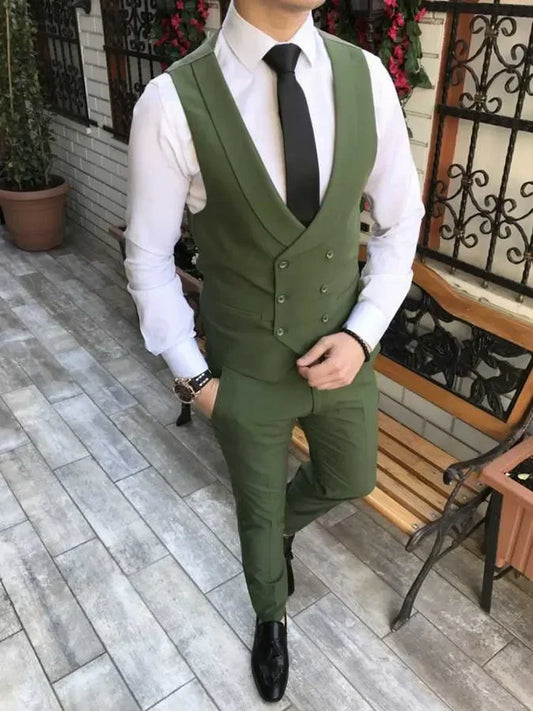 Slim Fit Formal Men Suits 3 Pcs Groom Tuxedos Notch Lapel Olive Green Groom Tuxedo for Wedding Best Man (Jacket + Vest + Pants) - Ellianto fashion Men's