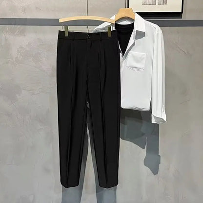 Straight Slim Fit Man 9 Cropped Suits Pants Vintage Elegant Suit Trousers for Men Summer 2025 Work Wear Fashion Luxury Clothing - Ellianto fashion Men's