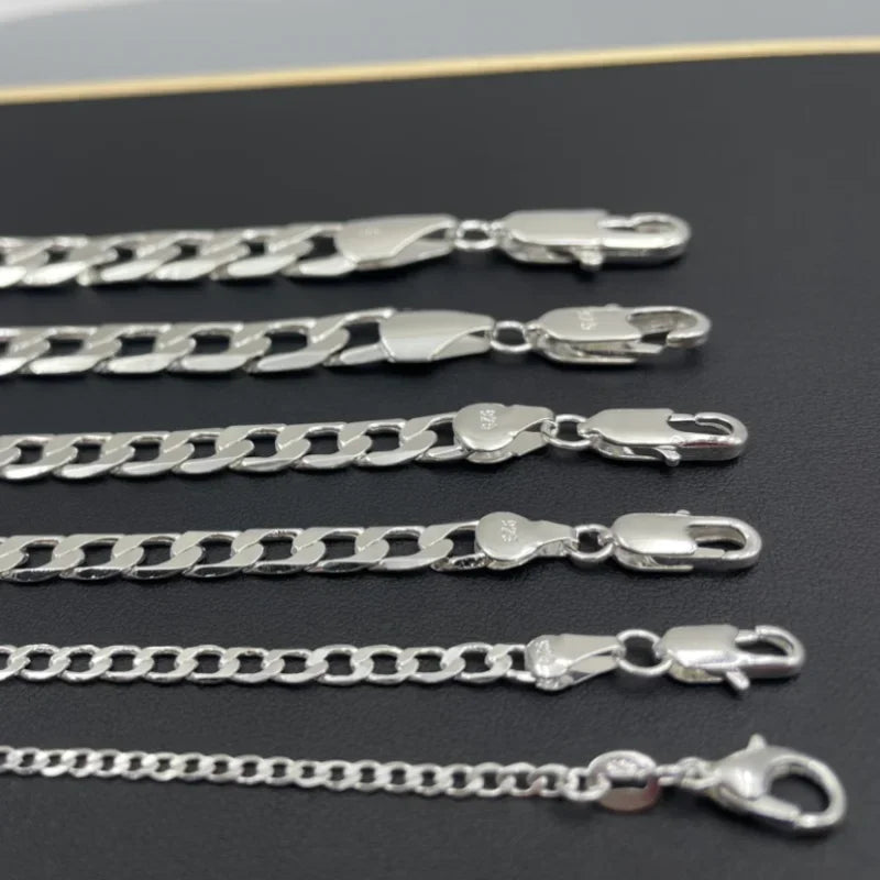 Men's 925 Sterling Silver Necklace 2/4/6/8/10/12MM 40-75cm Face Chain Necklace Lobster Clasp Men Women Engagement Jewelry Gifts - Ellianto fashion Men's