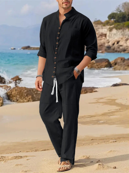 Men's Fashionable Cotton Linen Shirt Set with Cuban Pocket Long Sleeve Casual Two-Piece Suit Spring Autumn 100% Natural Fiber - Ellianto fashion Men's