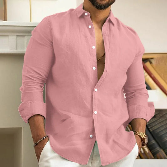 Men's Linen Shirt Summer Shirt Beachwear Button Casual Shirt Black White Pink Long Sleeve Solid Color Lapel Spring Summer 6XL - Ellianto fashion Men's