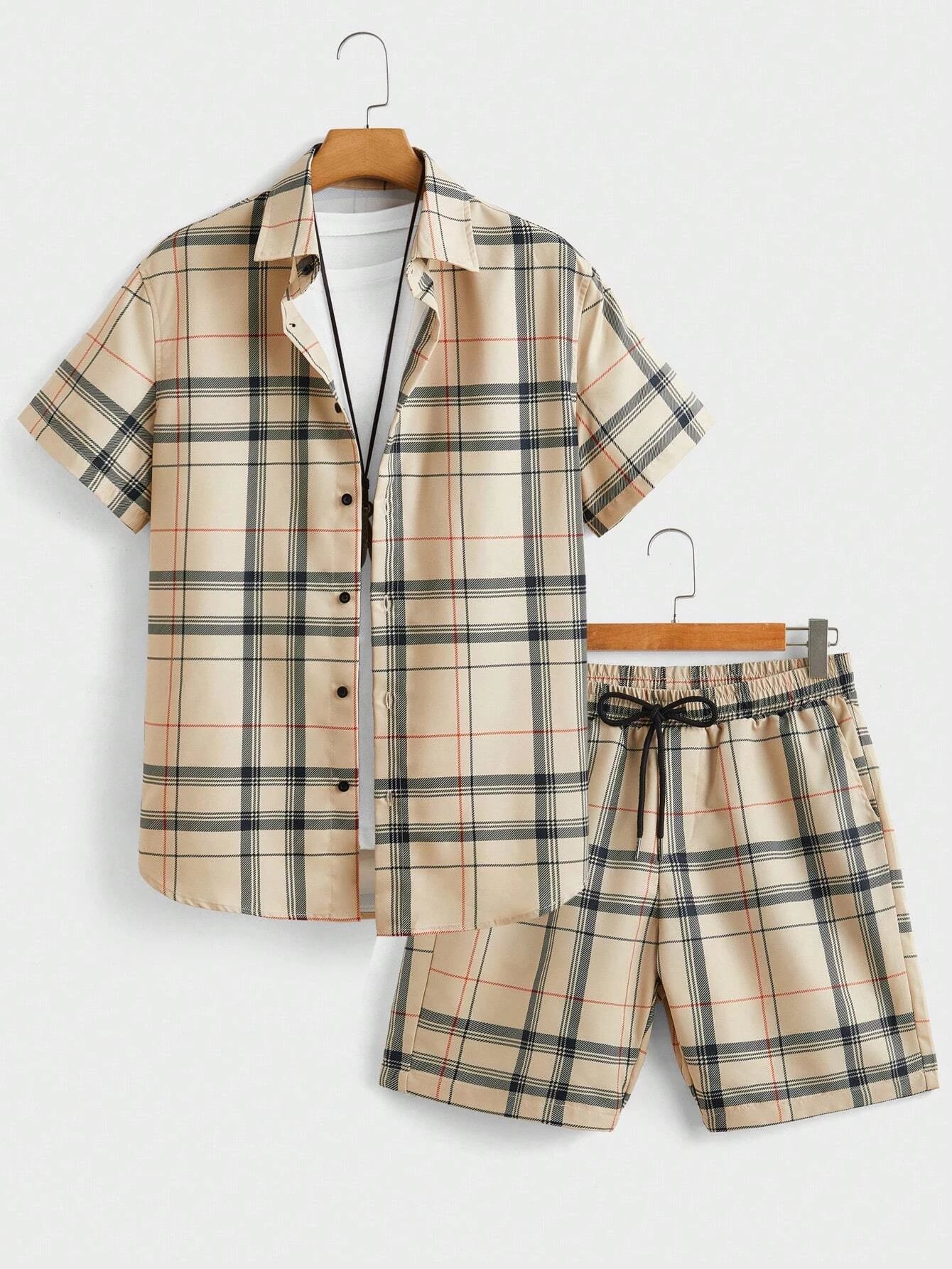 Set Street Casual Men's Suit Personalized Fashion Plaid Printed Pattern Short Sleeve Lapel Shirt and Shorts Men's Two Piece Set - Ellianto fashion Men's