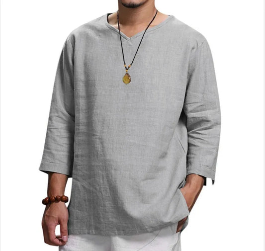 Men's New 3/4 Sleeve Loose Solid Casual Large Pullover Shirt - Ellianto fashion Men's