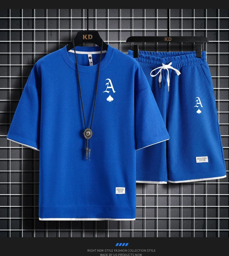Set A stylish and casual men's sportswear set of short-sleeved T-shirt and summer sportswear shorts, a two-piece set for daily casua - Ellianto fashion Men's