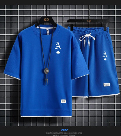 Set A stylish and casual men's sportswear set of short-sleeved T-shirt and summer sportswear shorts, a two-piece set for daily casua - Ellianto fashion Men's