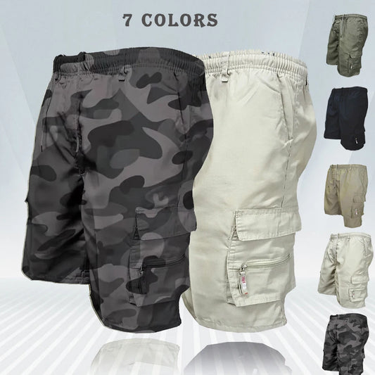 Men's Tactical Shorts Summer Casual Cargo Shorts Knee-length Multi-pockets Elastic Waist Work Hiking Overalls Short Pants Male - Ellianto fashion Men's