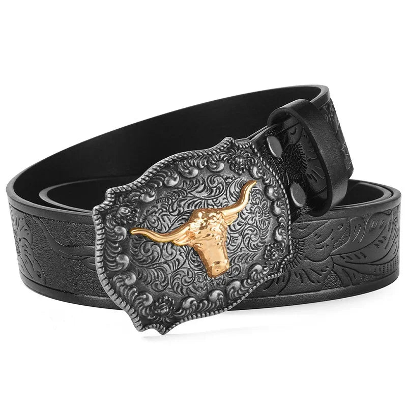 New Men's Western Cowboy Belt - Cool Handsome Black Faux Leather with Embossed Design and Stylish Alloy Buckle men belt - Ellianto fashion Men's