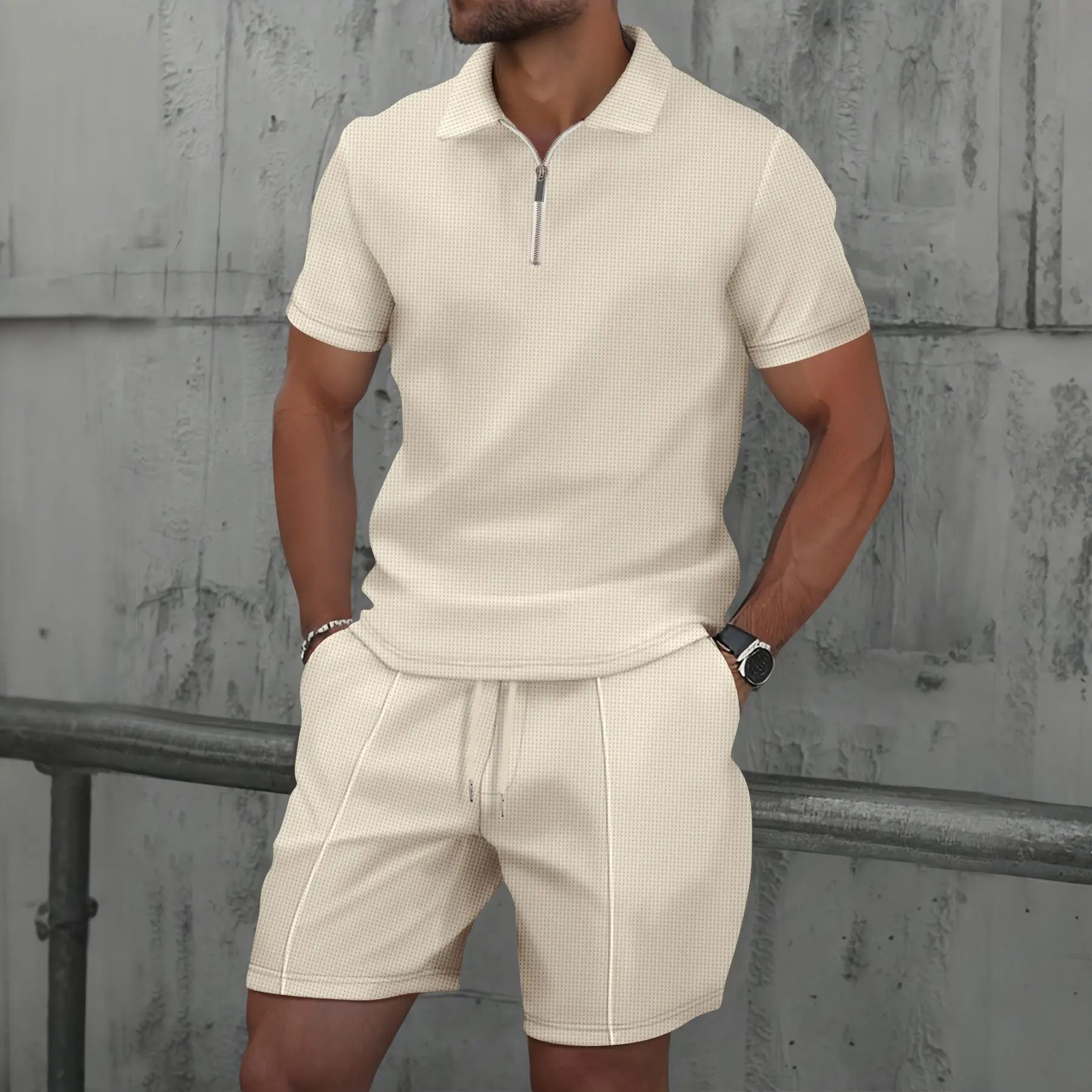 2025 simple men's suit summer new short sleeve shorts two-piece outdoor leisure handsome men's solid color trend suit - Ellianto fashion Men's