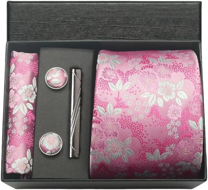 100% Silk Necktie Paisley Floral Mens Tie Top Quality Business Tie Pocket Square Tie Clip Cufflinks Set Classic For Men Gift Box - Ellianto fashion Men's