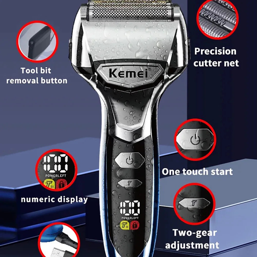 Kemei 5-Blade Electric Foil Shaver Men Face Beard Wet Dry Razor Rechargeable Bald Head Shaving Machine IPX7 Waterproof Washable - Ellianto fashion Men's