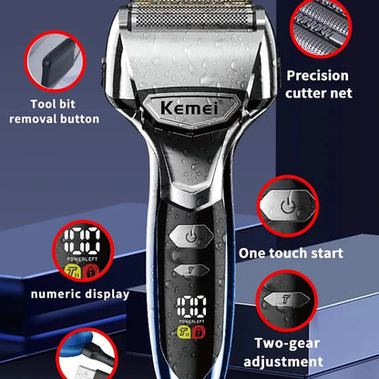 Kemei 5-Blade Electric Foil Shaver Men Face Beard Wet Dry Razor Rechargeable Bald Head Shaving Machine IPX7 Waterproof Washable - Ellianto fashion Men's