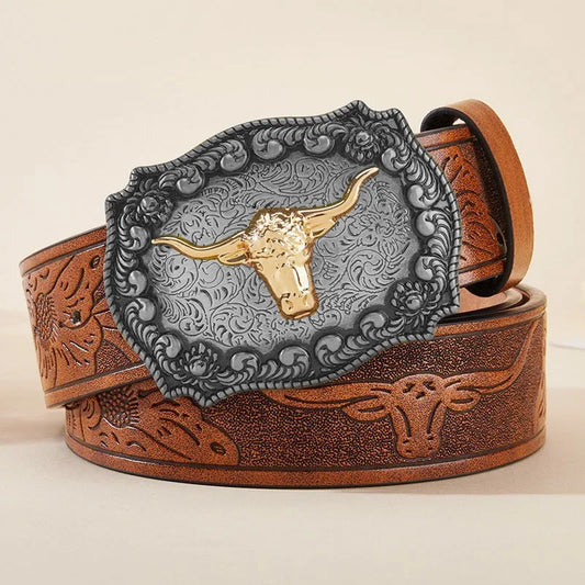 New Men's Western Cowboy Belt - Cool Handsome Black Faux Leather with Embossed Design and Stylish Alloy Buckle men belt - Ellianto fashion Men's