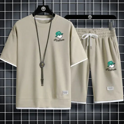 Set 2025 New men's summer Korean brand casual T-shirt + jogging Shorts 2-piece fitness slow running quick-drying breathable sportswe - Ellianto fashion Men's