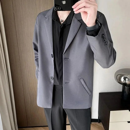 Casual Black Single-Breasted Men's Suit Jacket Korean Trendy Brand Business Spring Autumn Fashionable Small-Sized Menswear - Ellianto fashion Men's