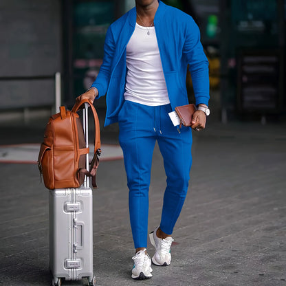Set Autumnwinter men's casual blazer set new fashion Waffle baseball suit round neck pocket zipper long sleeve trousers two-piece se - Ellianto fashion Men's