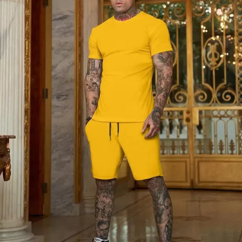 2025 summer new men's breathable sportswear short sleeved t-shirt and shorts set popular quick drying clothing - Ellianto fashion Men's