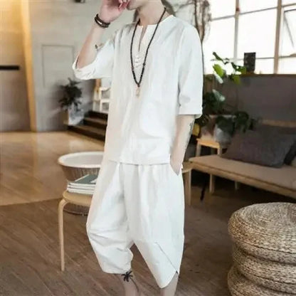New Summer Linen Set Men's Chinese Style T-shirt Short Sleeve Two-piece Loose Seven Pants Set Male Comfortable Breathable - Ellianto fashion Men's
