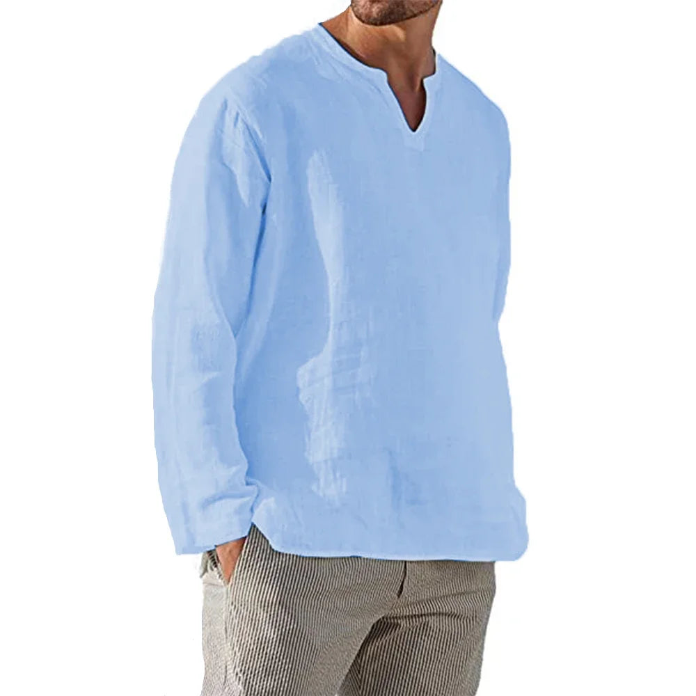 Men's Cotton Linen Shirt Cozy Solid Color Long Sleeve Breathable Tops V Neck Casual Blouse Hawaiian Shirt Lightweight Shirts - Ellianto fashion Men's