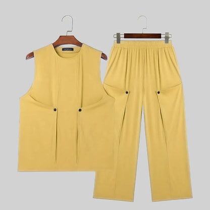 INCERUN Men Sets Solid Color Streetwear O-neck Sleeveless Tank Tops & Pants 2PCS Summer Loose Fashion Men's Casual Suits S-2XL - Ellianto fashion Men's