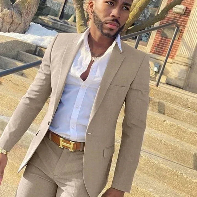 2 Piece Beige Fashion Costume Slim Fit Gentlemen Suits for Men Wedding Groom Tuxedo Male Jacket with Pants - Ellianto fashion Men's