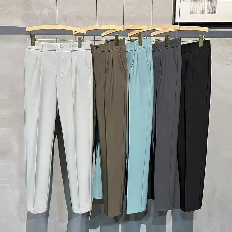 Straight Slim Fit Man 9 Cropped Suits Pants Vintage Elegant Suit Trousers for Men Summer 2025 Work Wear Fashion Luxury Clothing - Ellianto fashion Men's