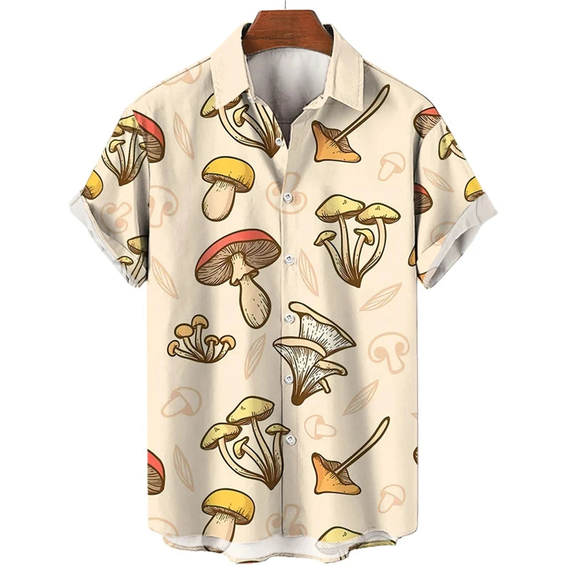 Mushroom 3D Printed Shirts For Men Clothes Cartoon Harajuku Fashion Agaricus Campestris Graphic Blouses Hawaiian Y2k Beach Tops - Ellianto fashion Men's