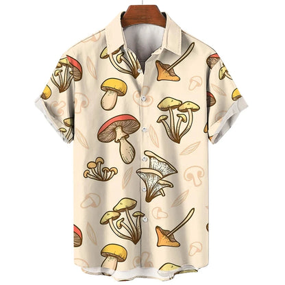 Mushroom 3D Printed Shirts For Men Clothes Cartoon Harajuku Fashion Agaricus Campestris Graphic Blouses Hawaiian Y2k Beach Tops - Ellianto fashion Men's