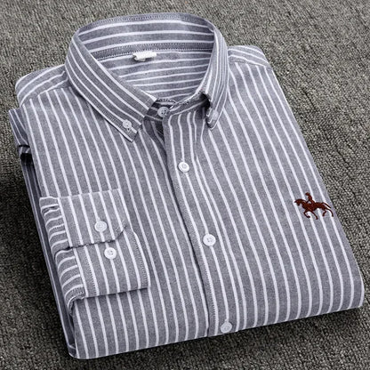 Casual Pure Cotton Oxford Mens Shirts Long Sleeve Embroidery Horse Design Regular Fit Fashion Button Man White Dress Shirt - Ellianto fashion Men's