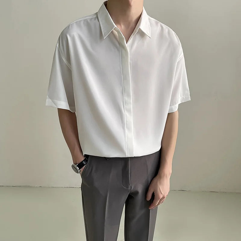 ort Sve Ice Silk irt Men's Casual Drapey Pure Color No Ironing Required Summer Faionable Youthful Stand Fit irt - Ellianto fashion Men's